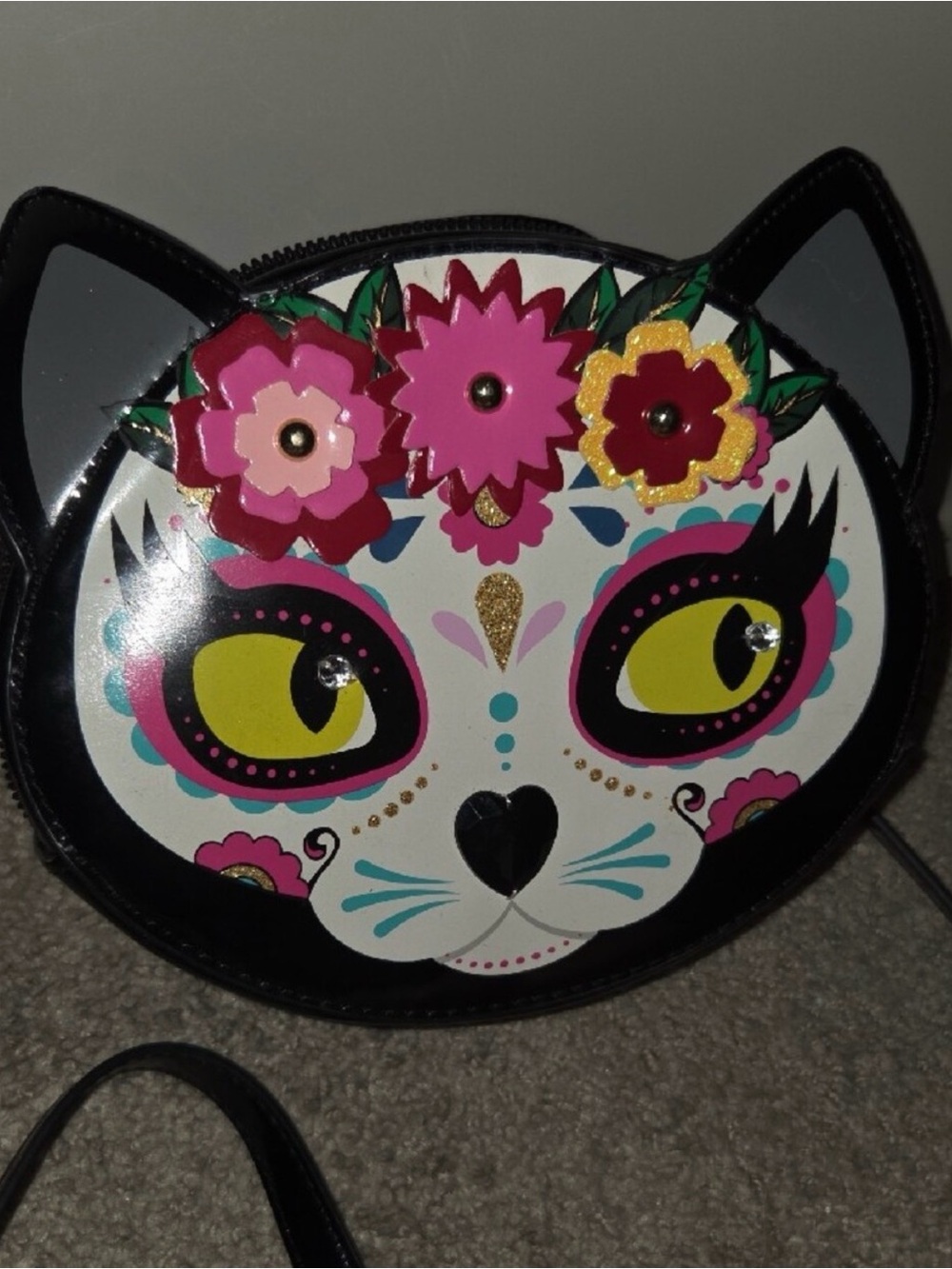 Betsey Johnson Cat Face Floral Mini Crossbody - Pink, Yellow & Black